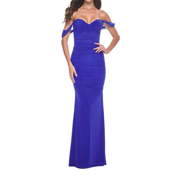 NEW LA FEMME elegant long ruched jersey dress prom dress in royal blue